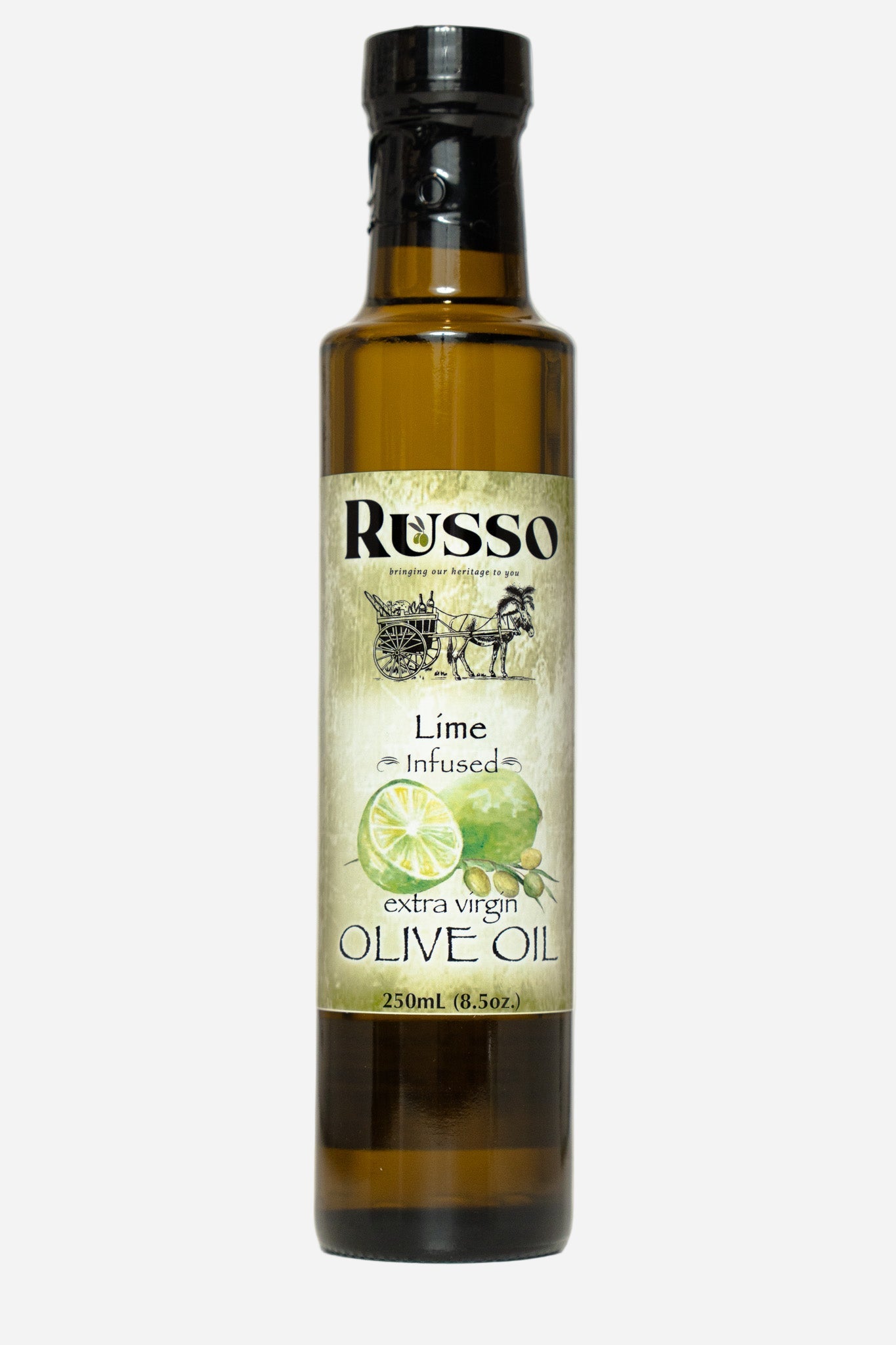 Bottle of Russo Lime Infused Extra Virgin Olive Oil on a white background