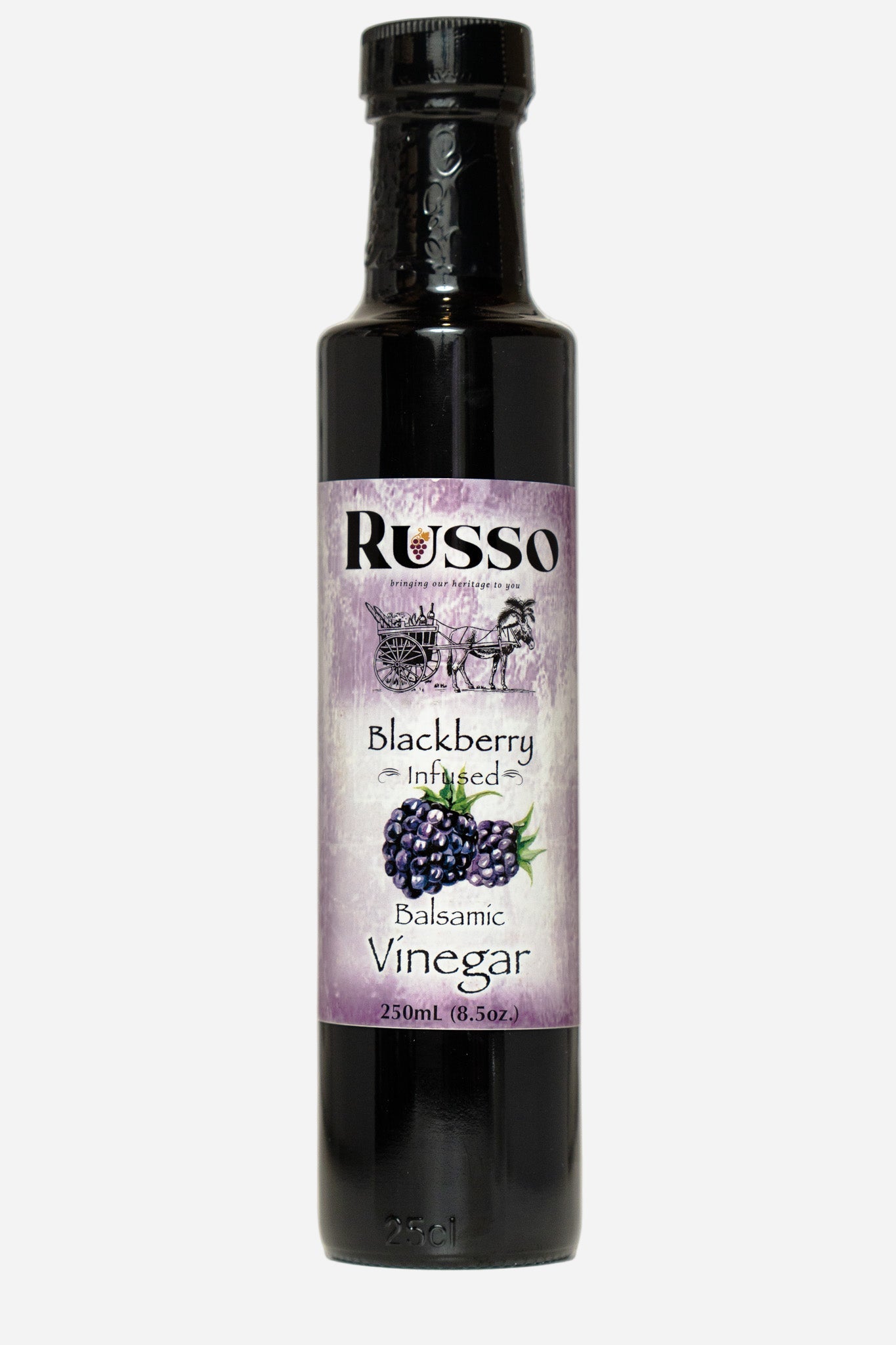 Bottle of Russo Blackberry Infused Balsamic Vinegar on a white background