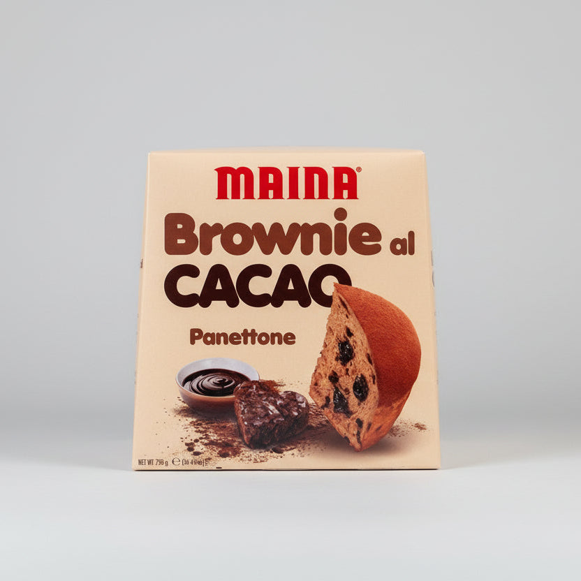 Box of Maina Brownie al Cacao Panettone on a light gray background