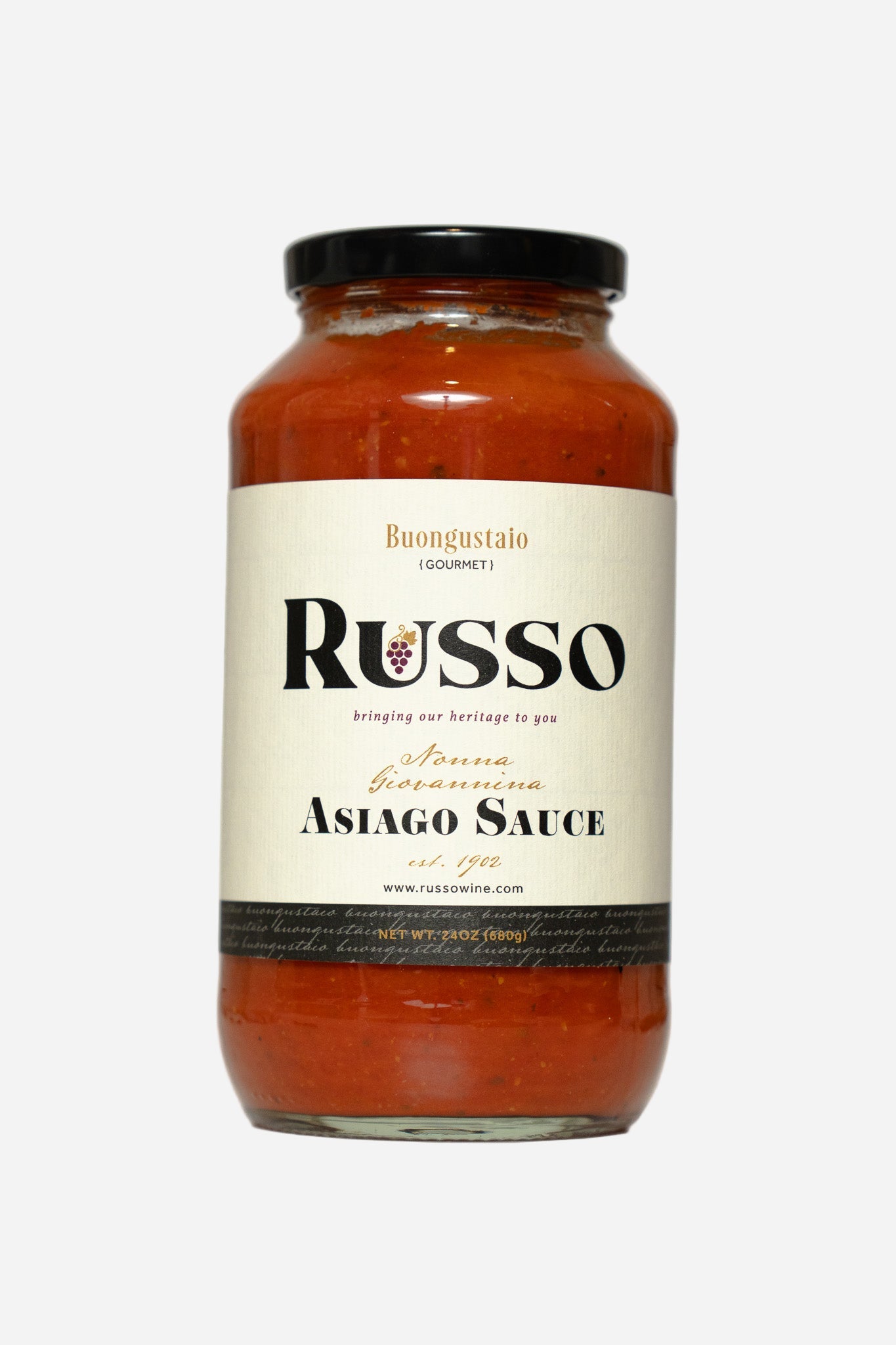 Jar of Russo Asiago Sauce on a white background