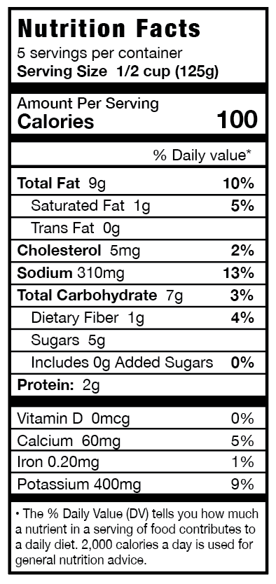 Nutrition facts label for a food product with serving size, calories, and nutritional content details.