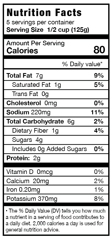 Nutrition facts label for a food product with serving size, calories, and nutritional content details.