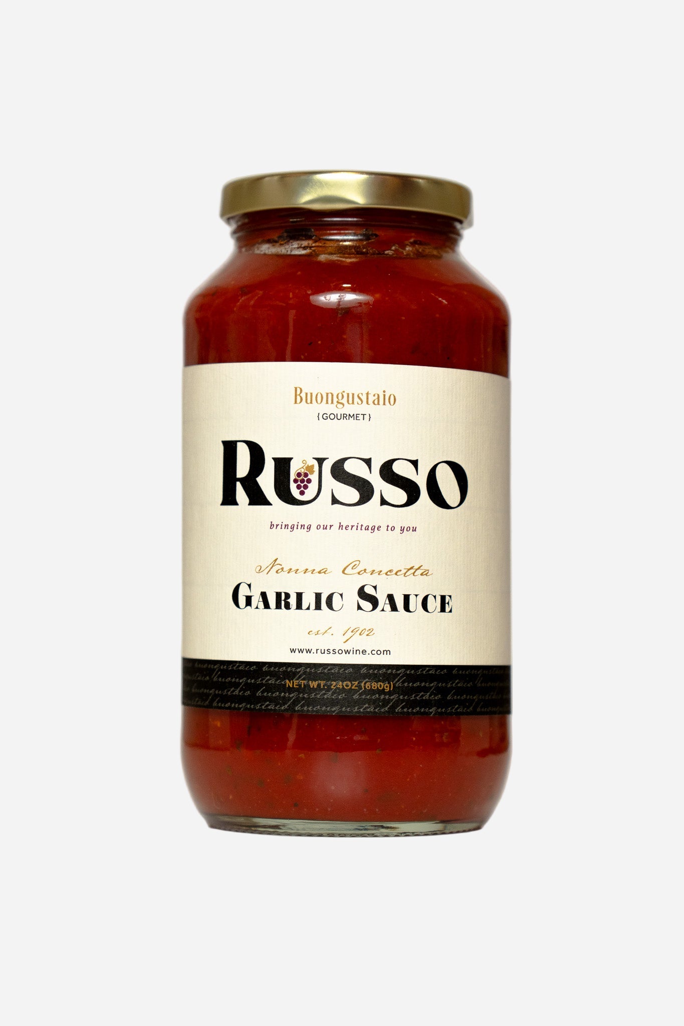 Jar of Russo Garlic Sauce on a white background