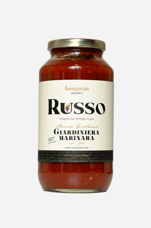 Jar of Russo pasta sauce on a white background