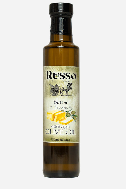 Bottle of Russo Butter Flavored olive oil on a white background