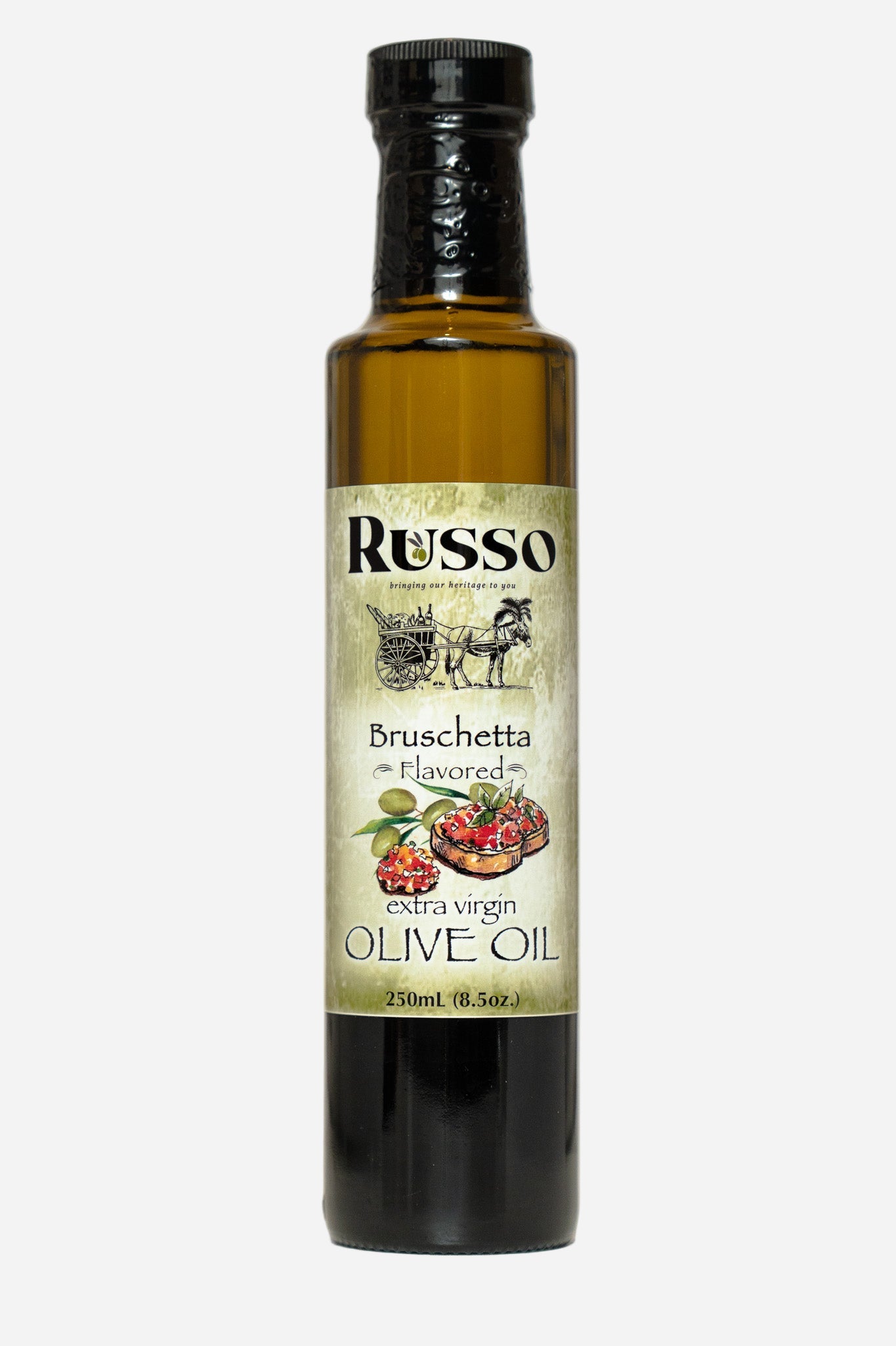 Bottle of Russo Bruschetta flavored olive oil on a white background