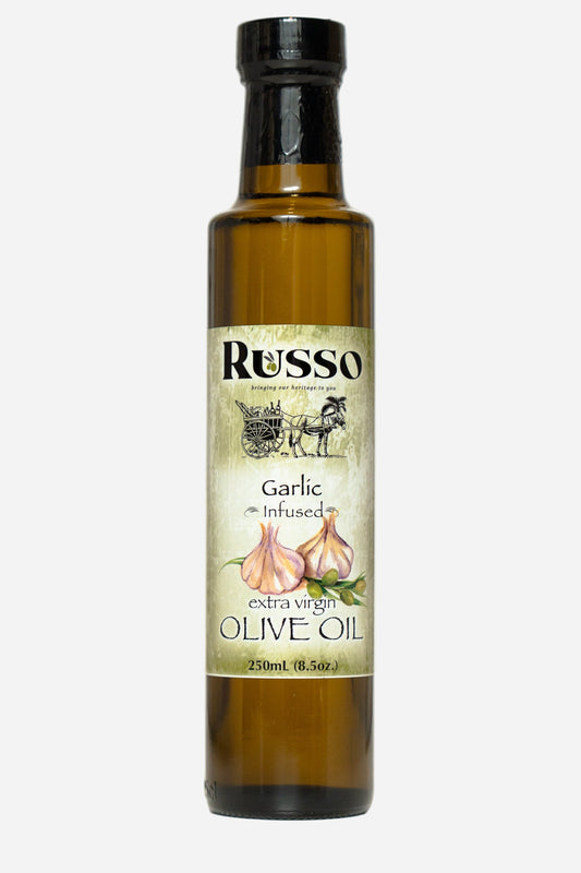 Bottle of Russo Garlic Infused Olive Oil on a white background