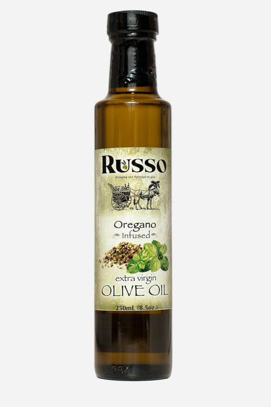 Bottle of Russo Oregano Infused Extra Virgin Olive Oil on a white background