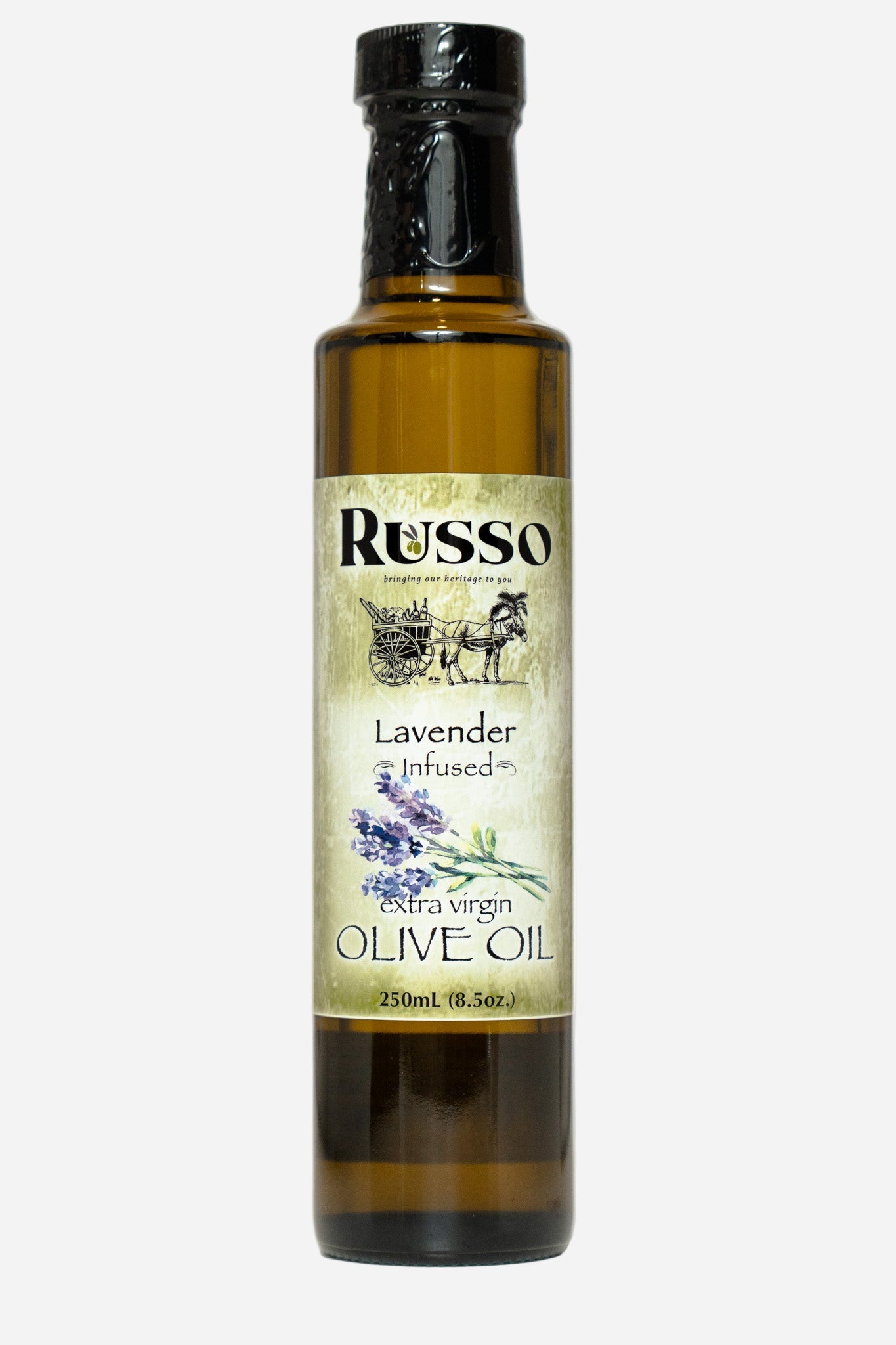 Bottle of Russo Lavender Infused Olive Oil on a white background
