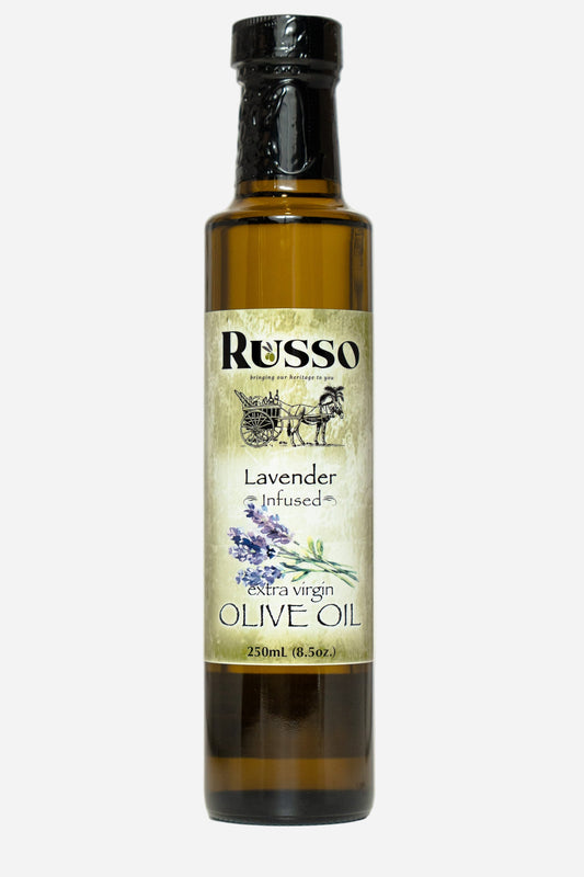 Bottle of Russo Lavender Infused Olive Oil on a white background