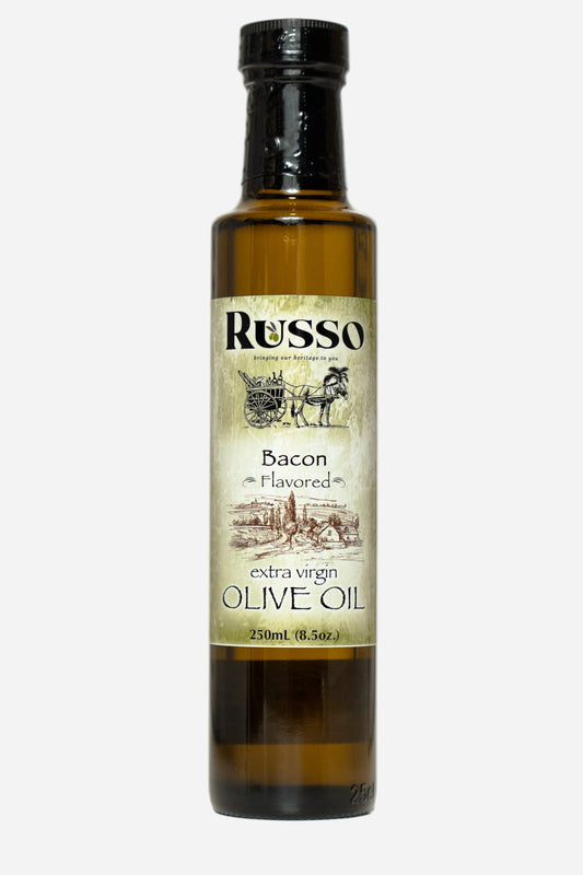 Bottle of Russo Bacon Flavored extra virgin olive oil on a white background