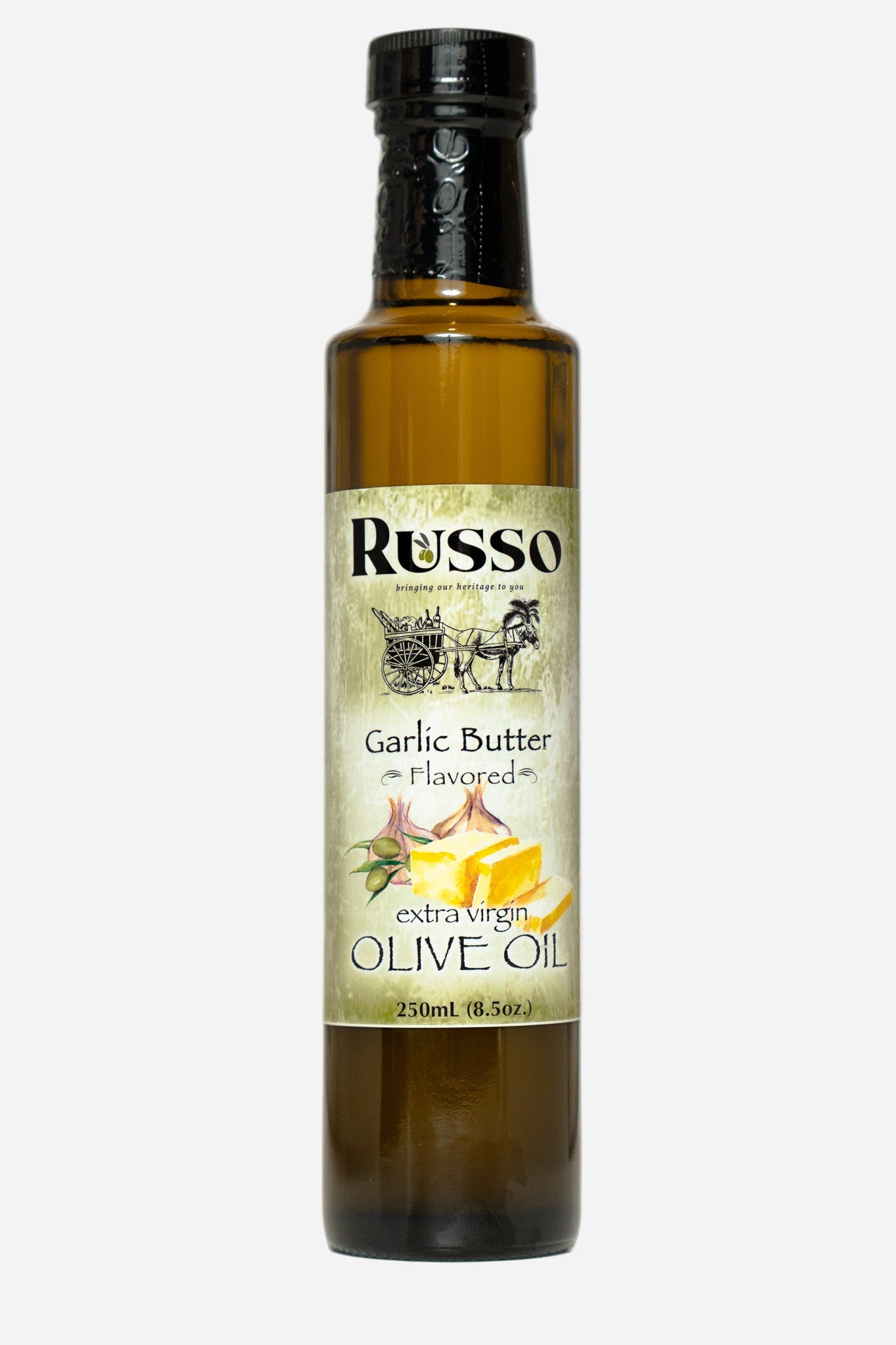 Bottle of Russo Garlic Butter flavored olive oil on a white background