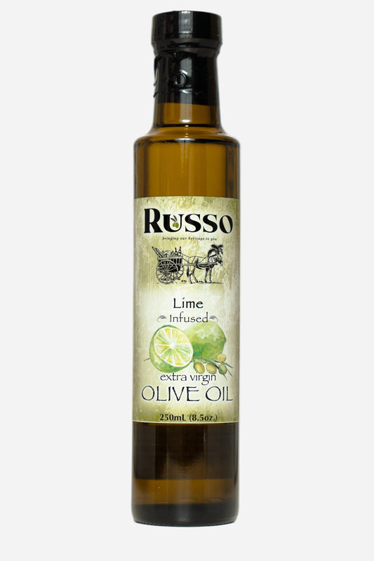 Bottle of Russo Lime Infused Extra Virgin Olive Oil on a white background