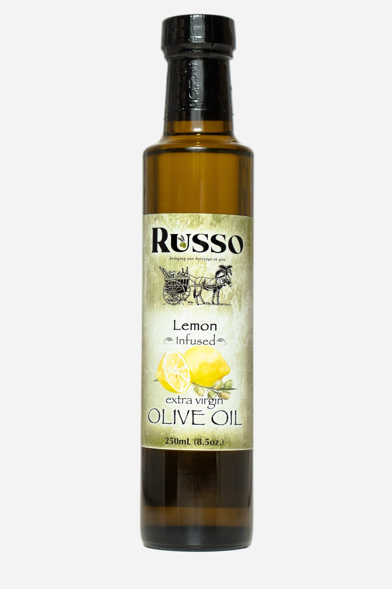 Bottle of Russo Lemon Infused Extra Virgin Olive Oil on a white background