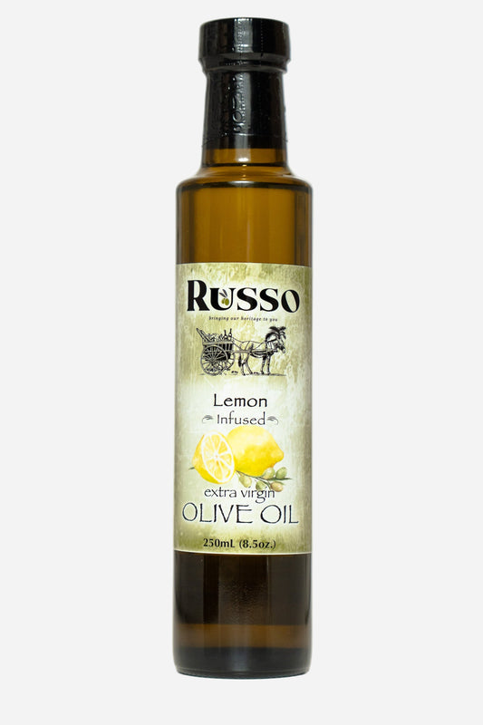 Bottle of Russo Lemon Infused Extra Virgin Olive Oil on a white background