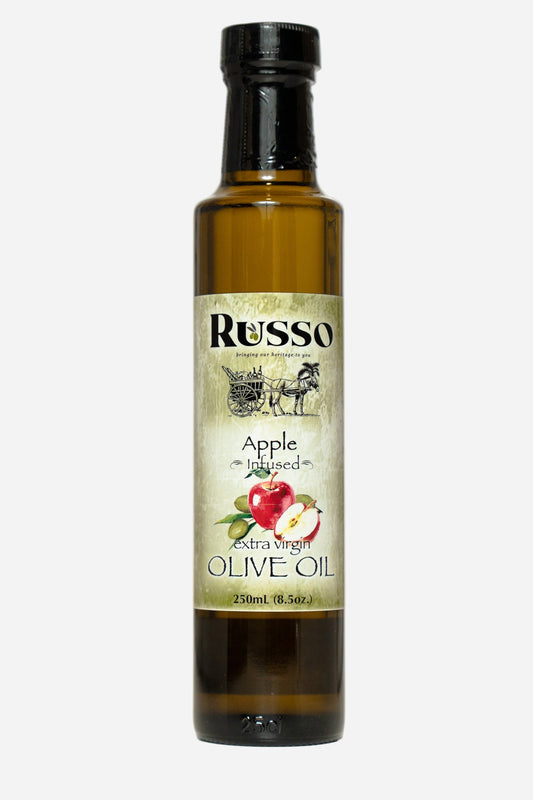 Bottle of Russo Apple Infused Extra Virgin Olive Oil on a white background