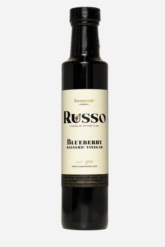 Bottle of Russo Blueberry Balsamic Vinegar on a white background