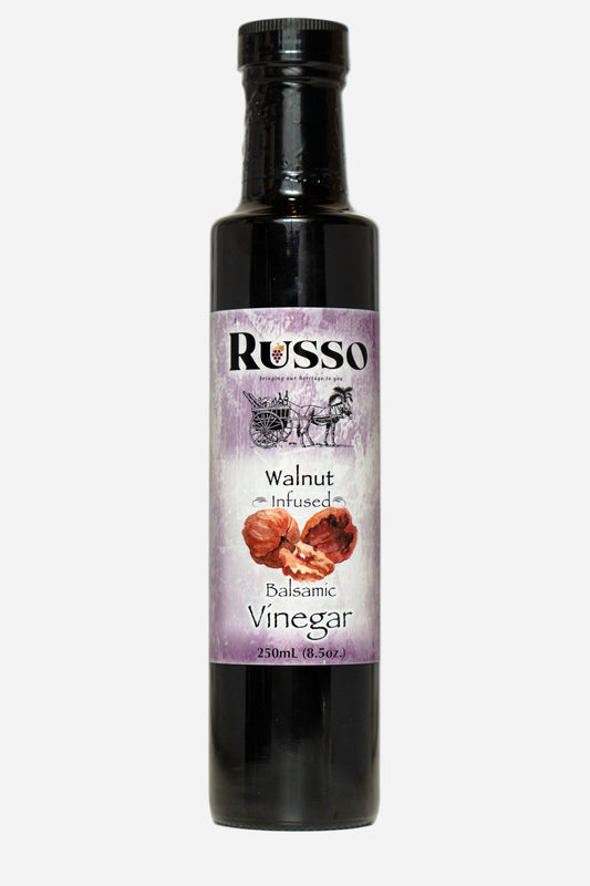 Bottle of Russo Walnut Infused Balsamic Vinegar on a white background