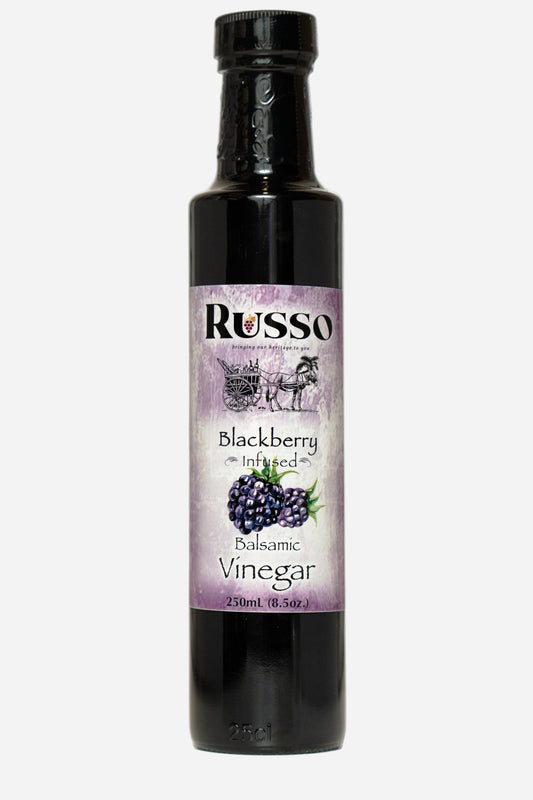 Bottle of Russo Blackberry Infused Balsamic Vinegar on a white background