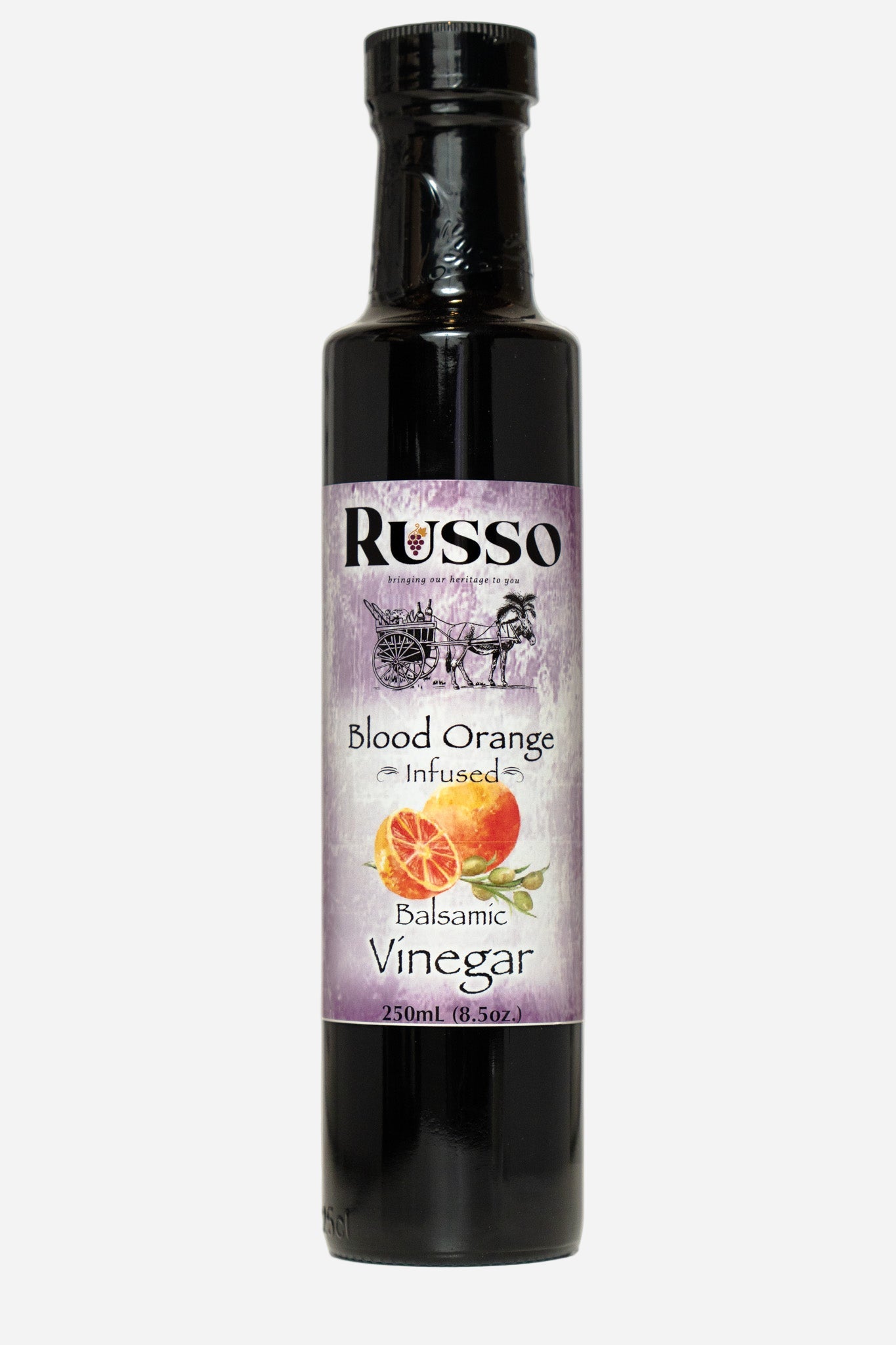 Bottle of Russo Blood Orange Infused Balsamic Vinegar on a white background