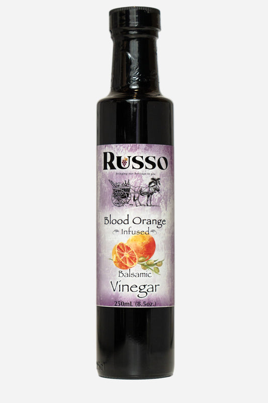 Bottle of Russo Blood Orange Infused Balsamic Vinegar on a white background