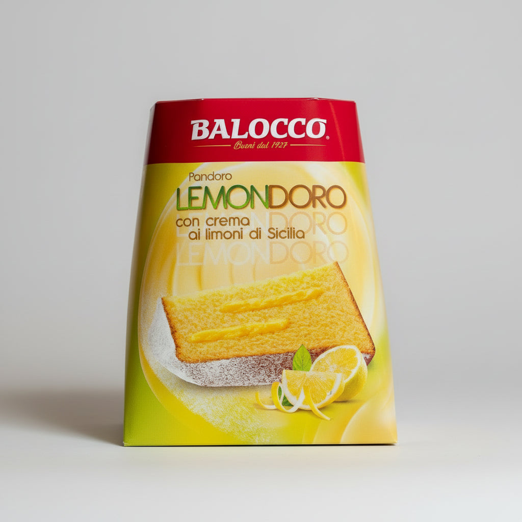 Balocco LemonDoro cake packaging on a neutral background