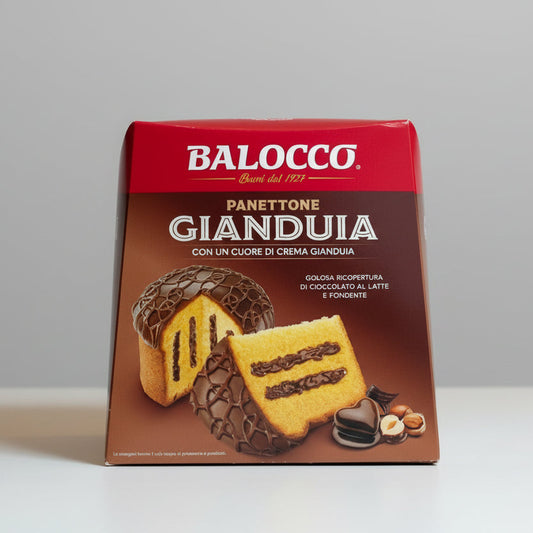 Balocco Panettone Gianduia packaging on a neutral background