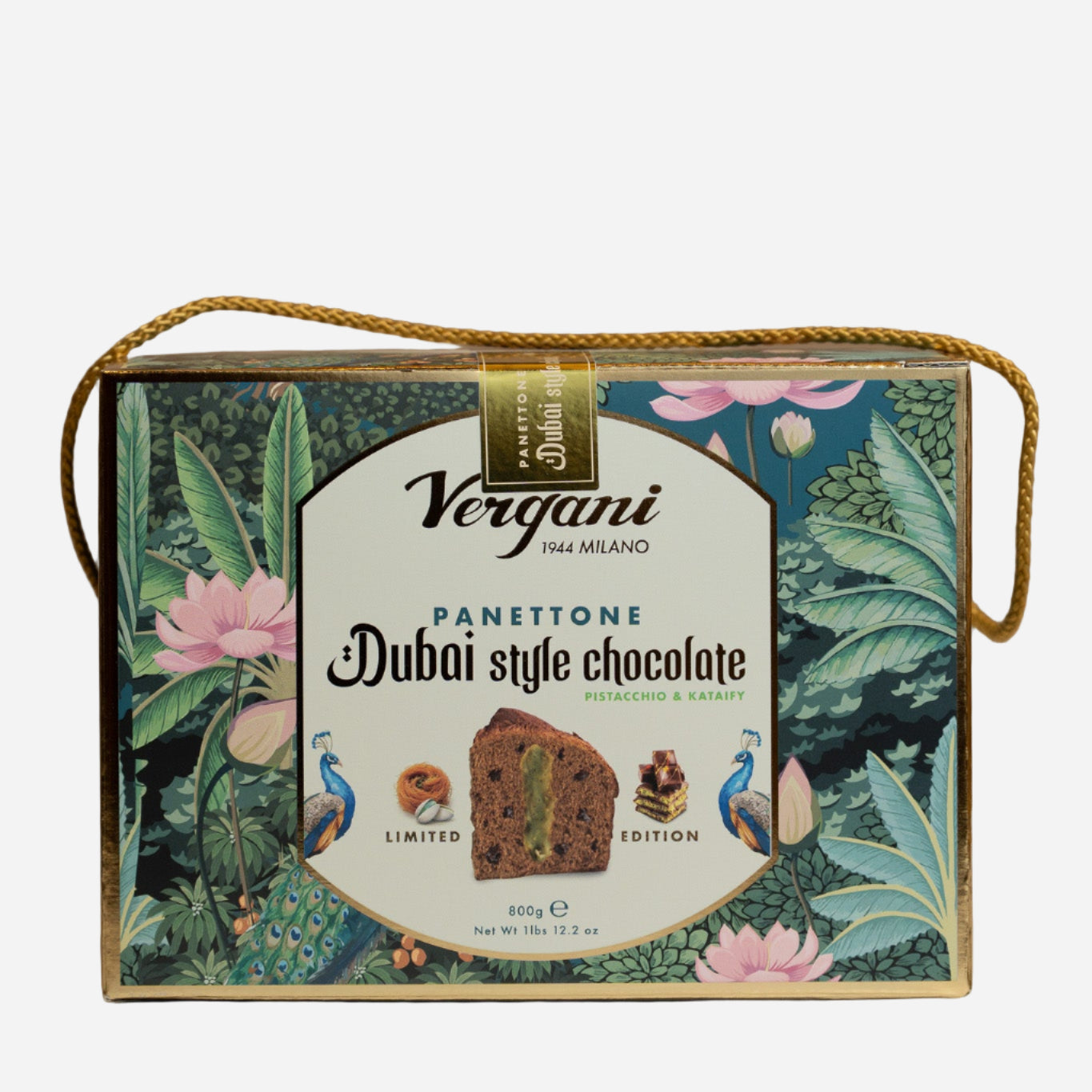 Vergani Panettone Dubai style chocolate packaging on a neutral background
