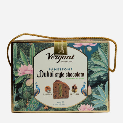 Vergani Panettone Dubai style chocolate packaging on a neutral background