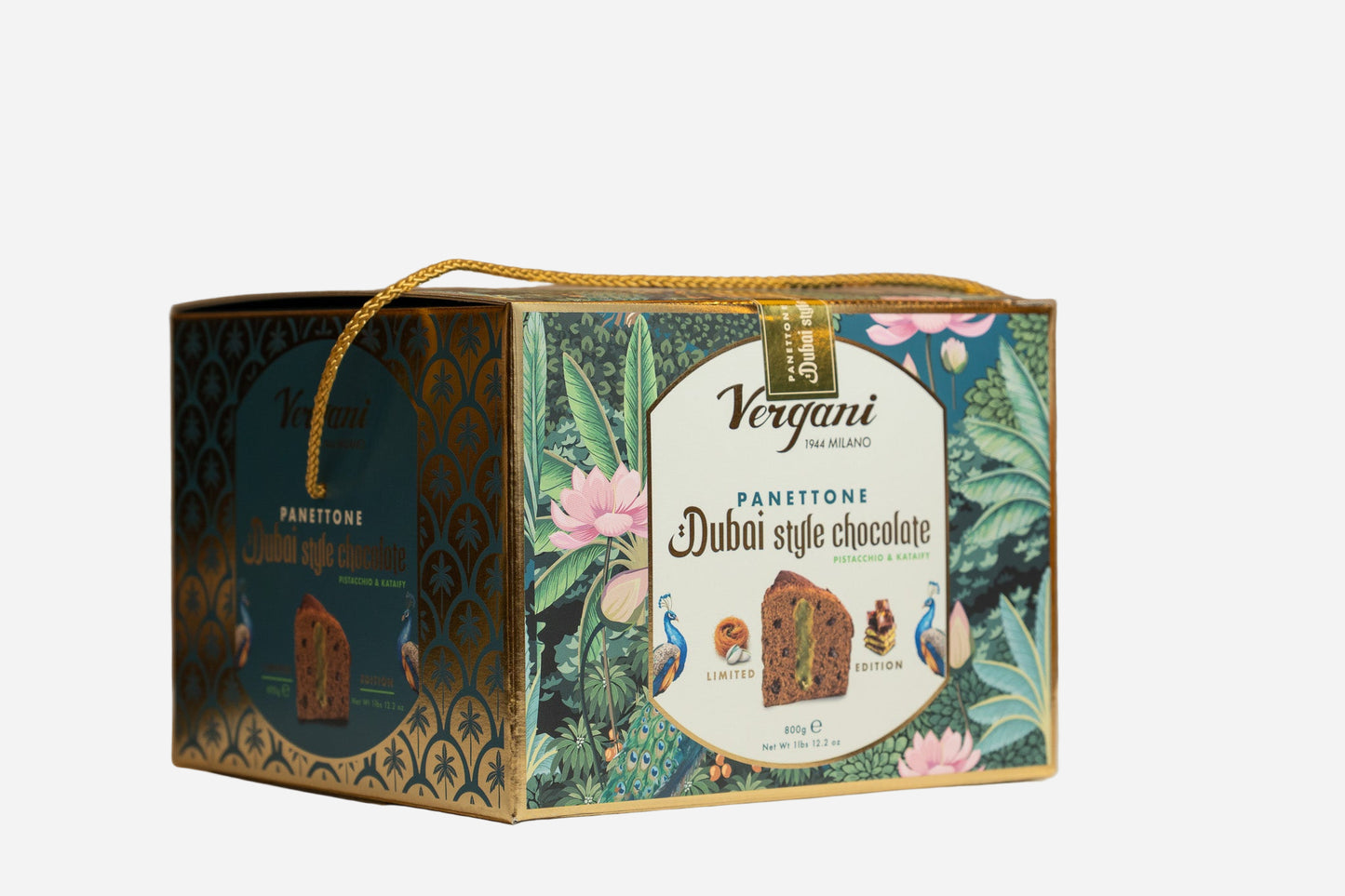 Decorative box of Vergani Panettone with floral design on a neutral background