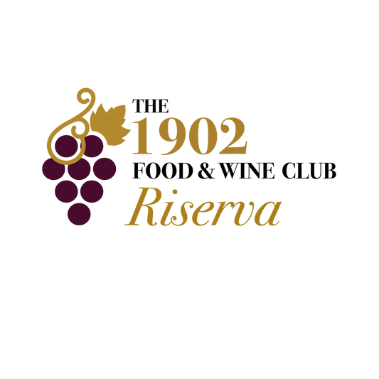 Logo of The 1902 Food & Wine Club Riserva with grapes and leaves on a white background