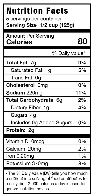 Nutrition facts label for a food product with serving size, calories, and nutritional content details.
