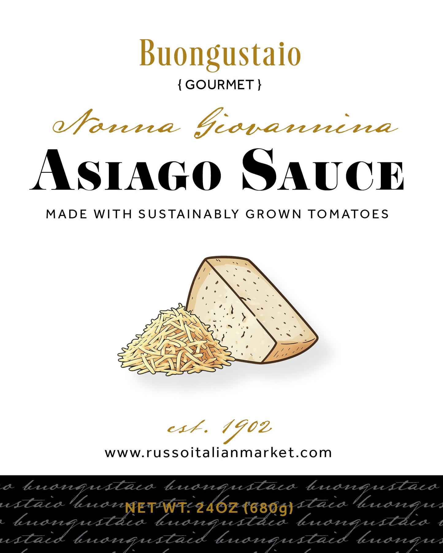 Label of Russo Asiago Sauce with nutritional information and brand details.