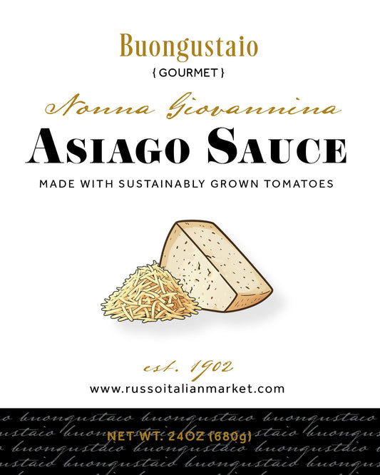 Label of Russo Asiago Sauce with nutritional information and brand details.