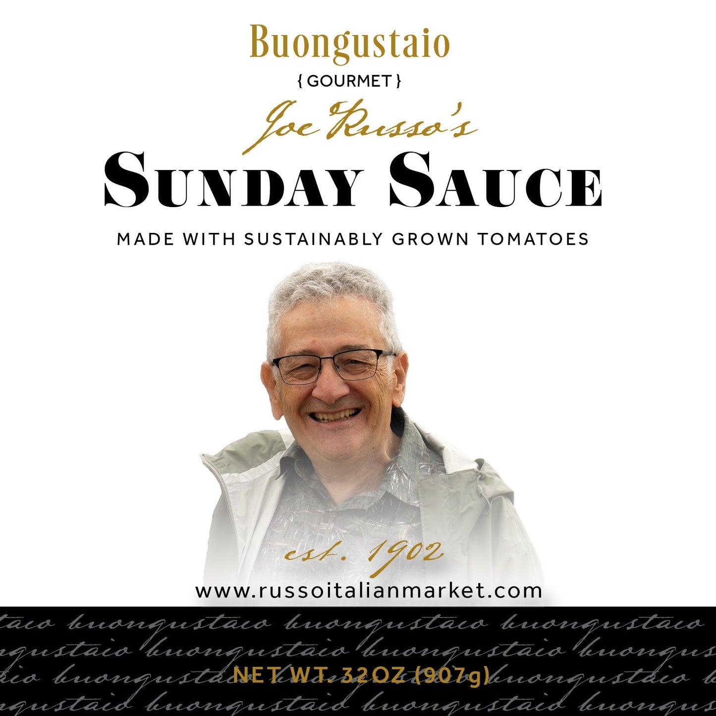Label of Russo Italian Restaurant's Sunday Sauce with Joe Russo's face.