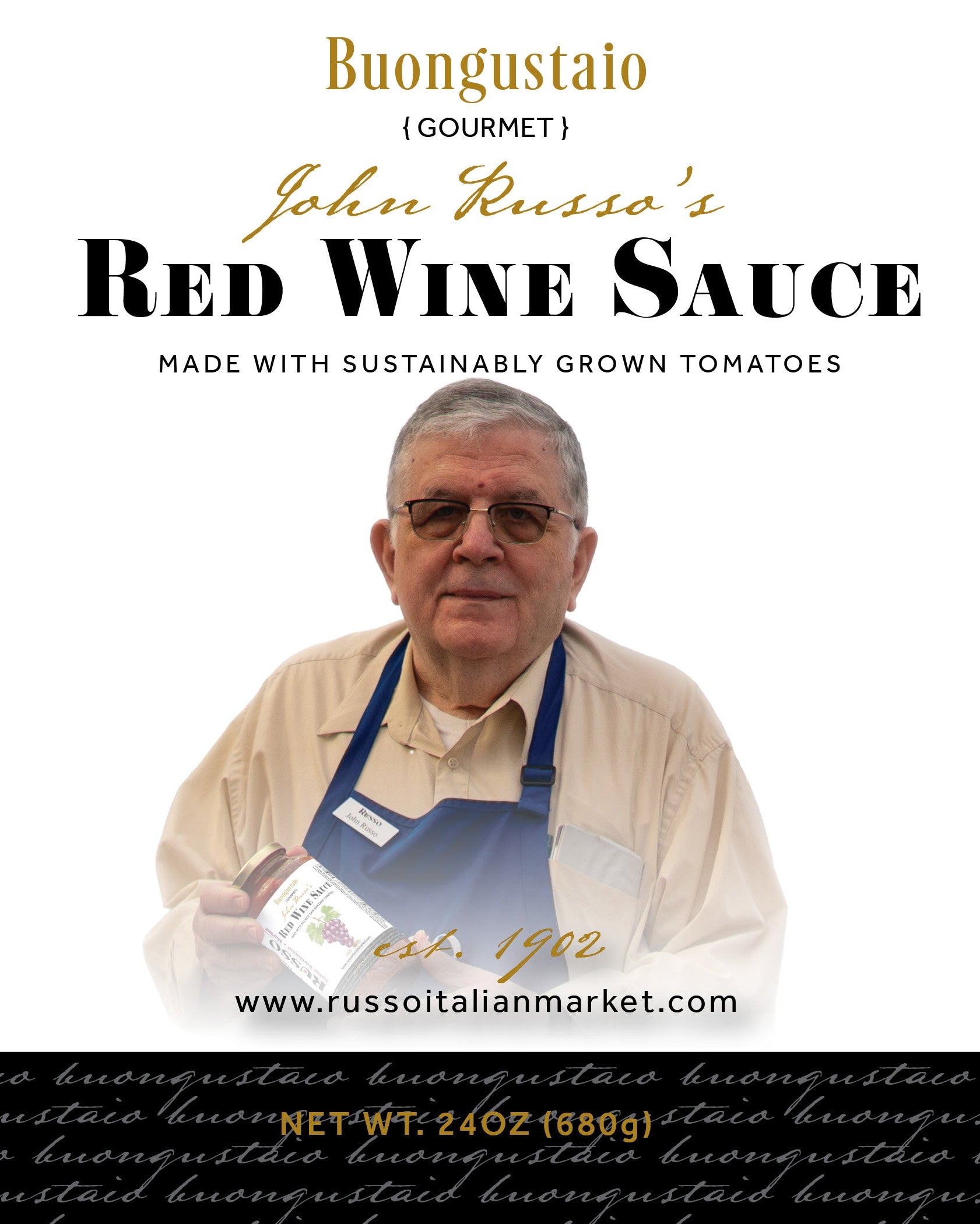 Label of Russo Italian Restaurant's red wine sauce with a man in an apron and nutrition facts.