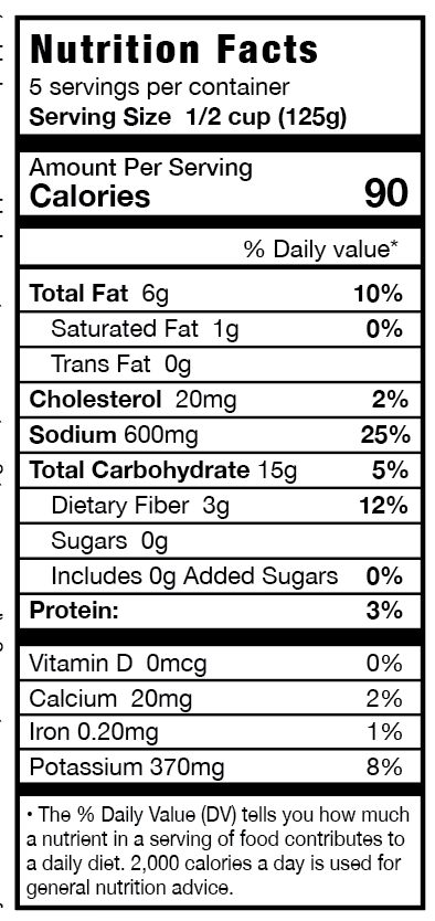 Nutrition facts label for a food product with serving size, calories, and nutritional content details.