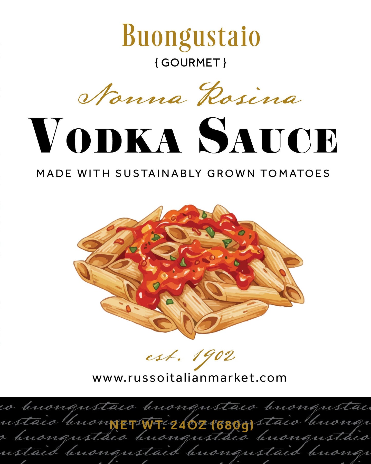 Vodka sauce label with pasta dish illustration and Russo branding