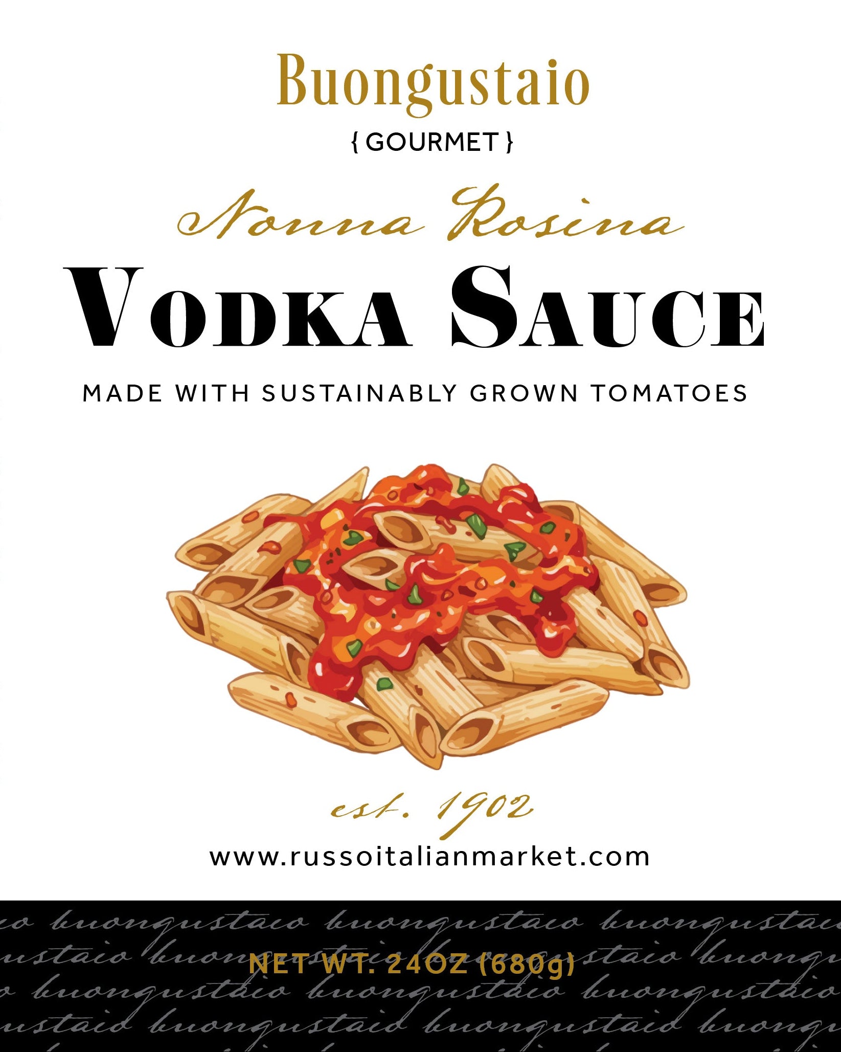 Vodka sauce label with pasta dish illustration and Russo branding