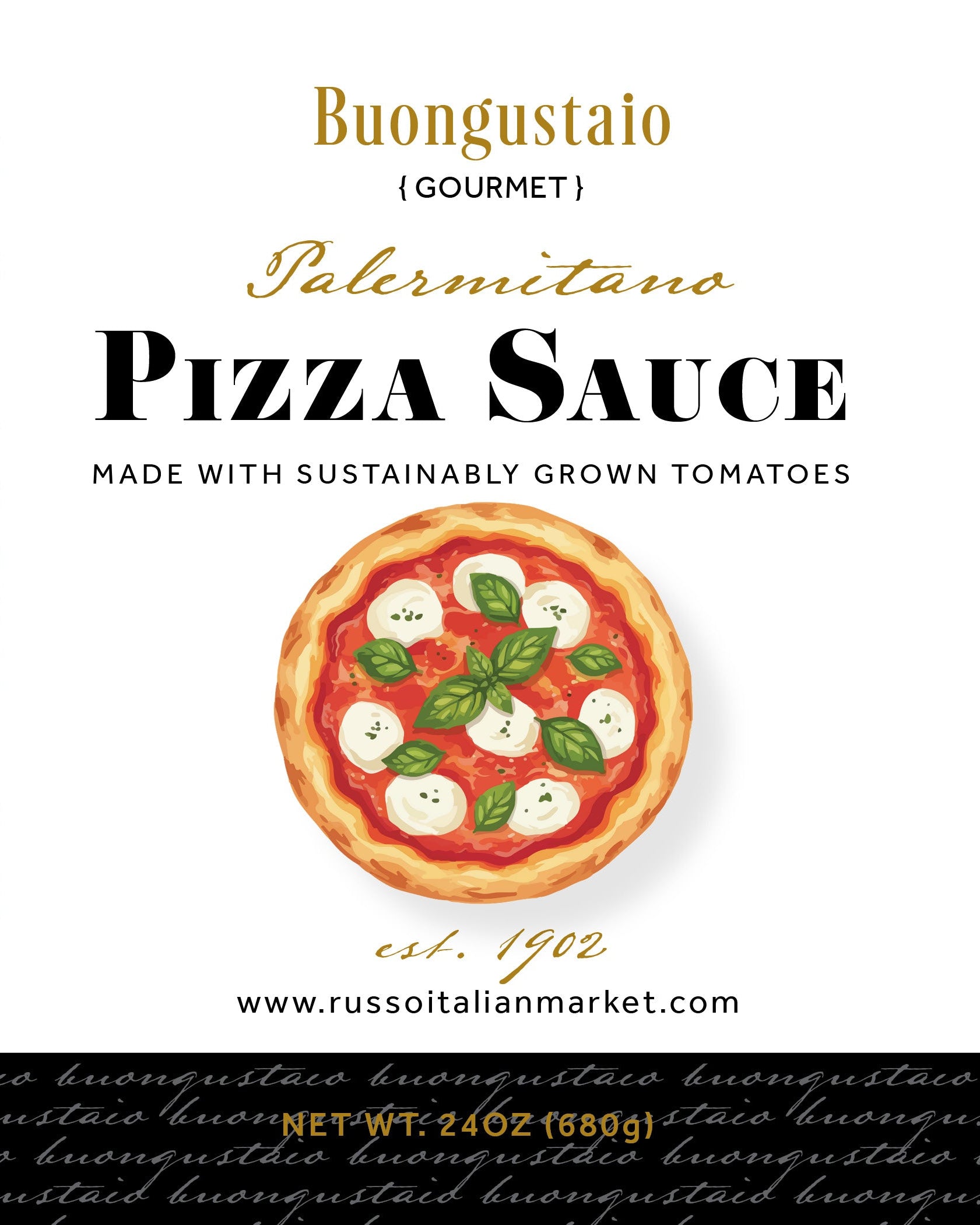 Label of Russo Buongustato Palermitano Pizza Sauce with nutritional information and branding details.