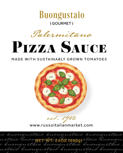 Label of Russo Buongustato Palermitano Pizza Sauce with nutritional information and branding details.