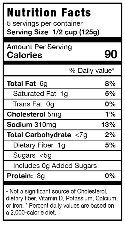 Nutrition facts label for a food product with serving size, calories, and detailed nutritional information.