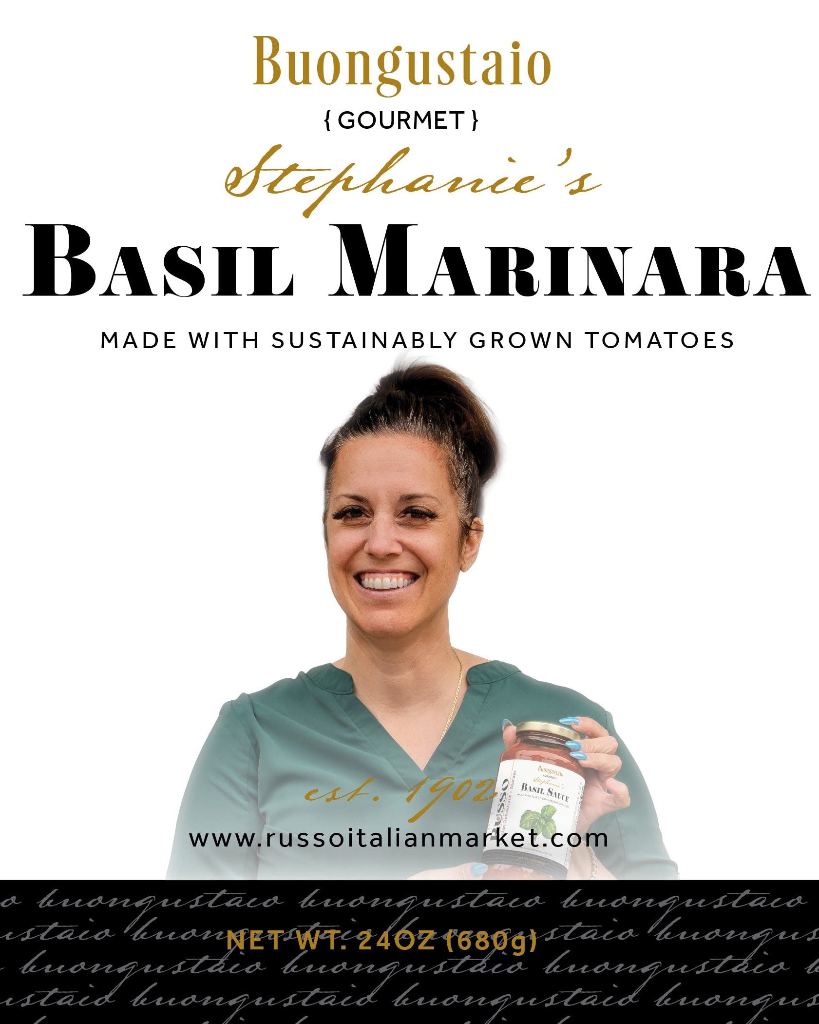 Bottle label for Russo Italian Restaurant & Market's Basil Marinara sauce with a woman holding a jar on a black background.