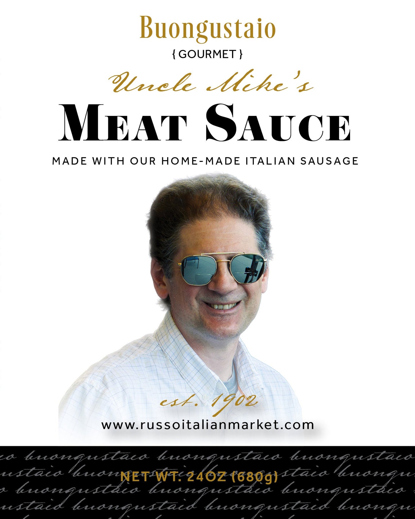Label for Russo Italian Restaurant + Market meat sauce with a man's face and brand logo.