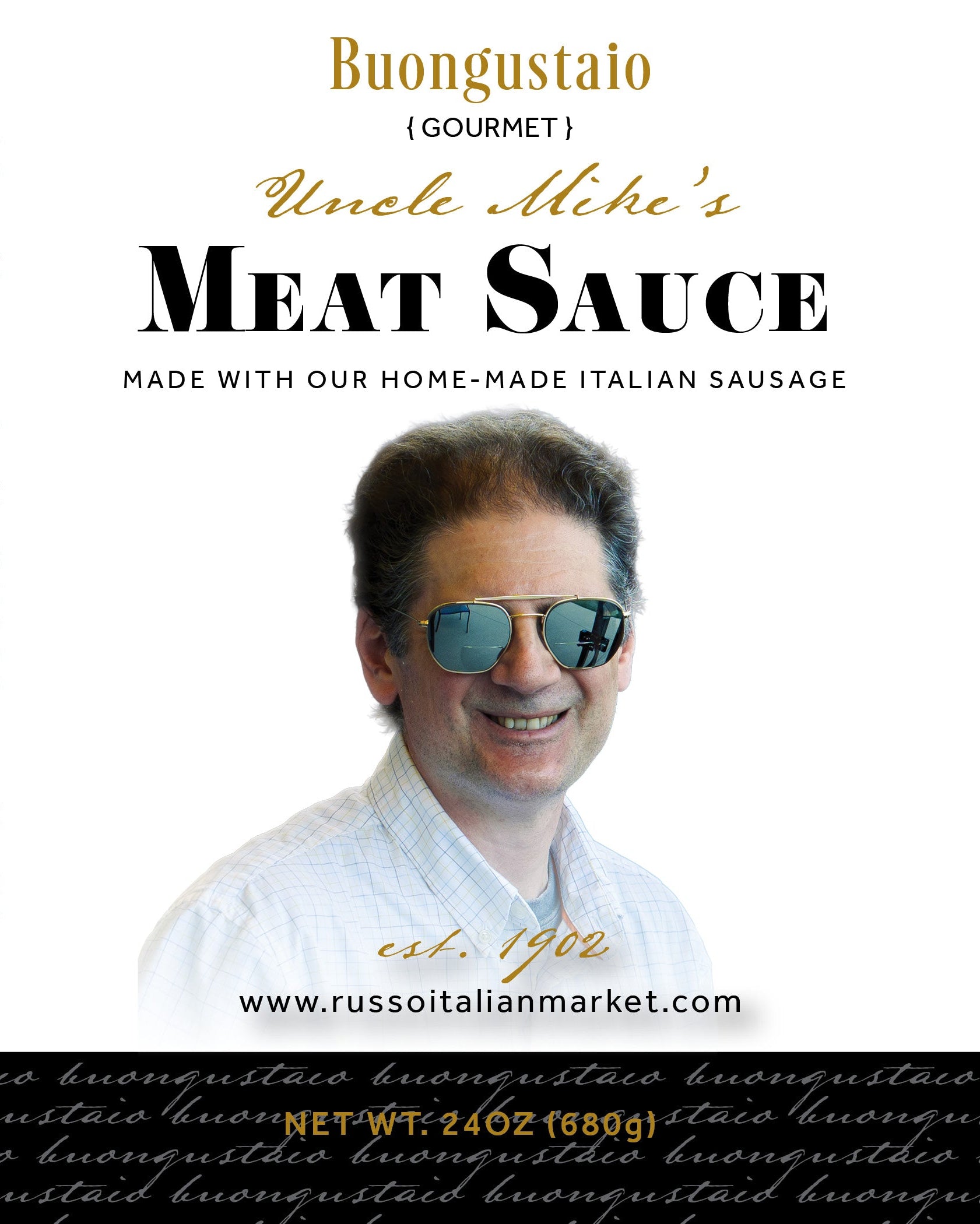 Label for Russo Italian Restaurant + Market meat sauce with a man's face and brand logo.