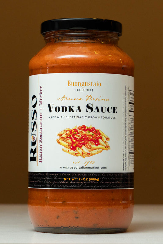 Jar of Russo Vodka Sauce with label on a brown background