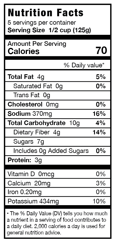 Nutrition facts label for a food product with serving size, calories, and nutritional content details.